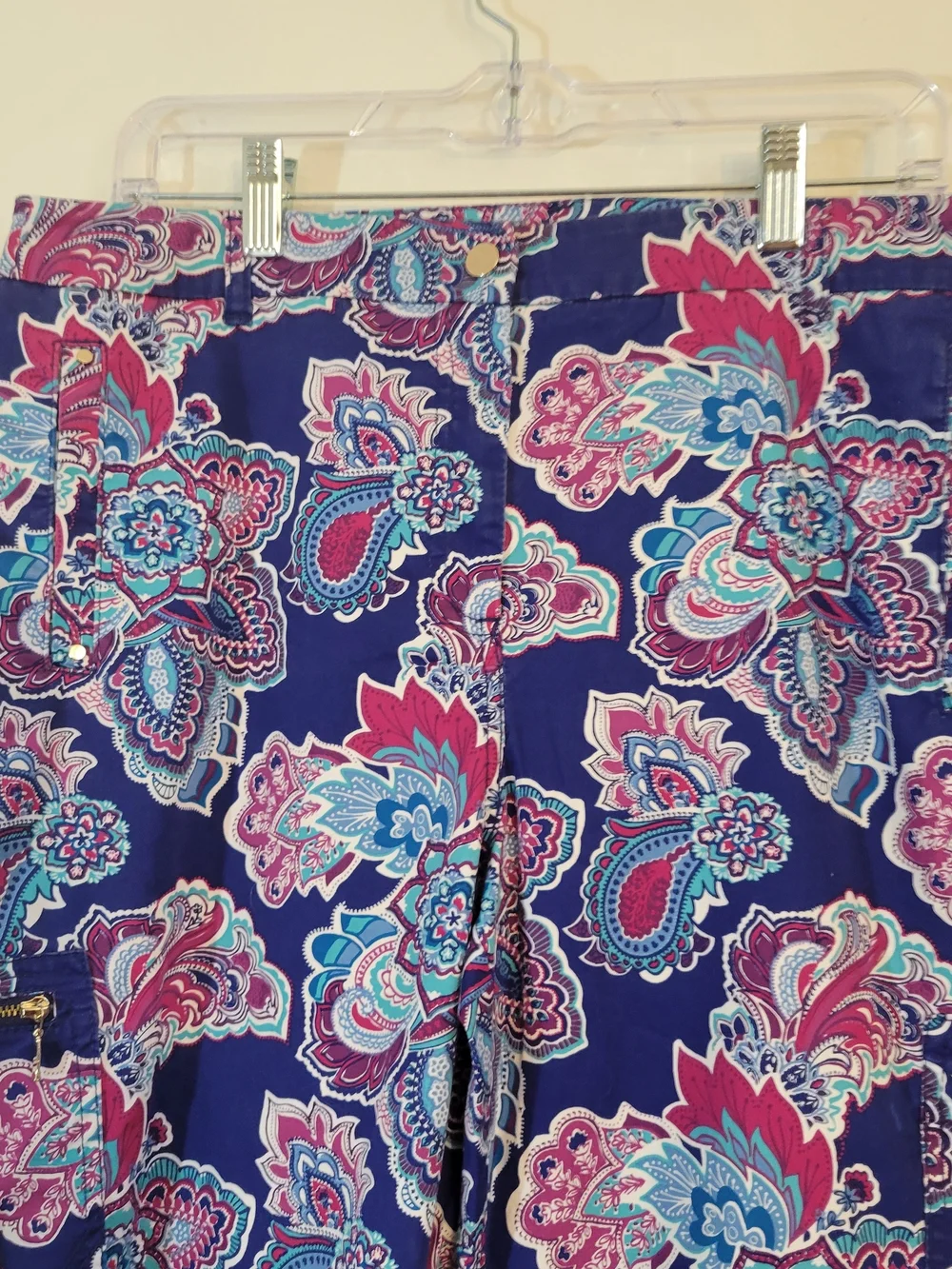 Chico's Navy Paisley Capri Pants with Pink & Light Blue Accents